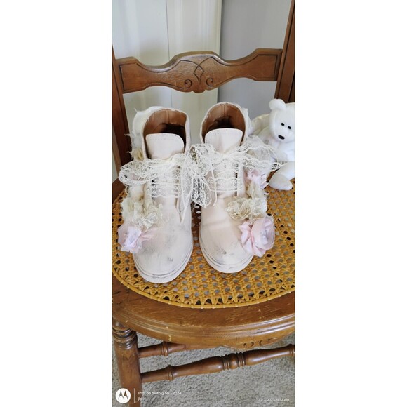 Custom Boho Boots Pale Pink Tattered Tea Stained Roses Shabby Chic OOAK Booties - Picture 4 of 16